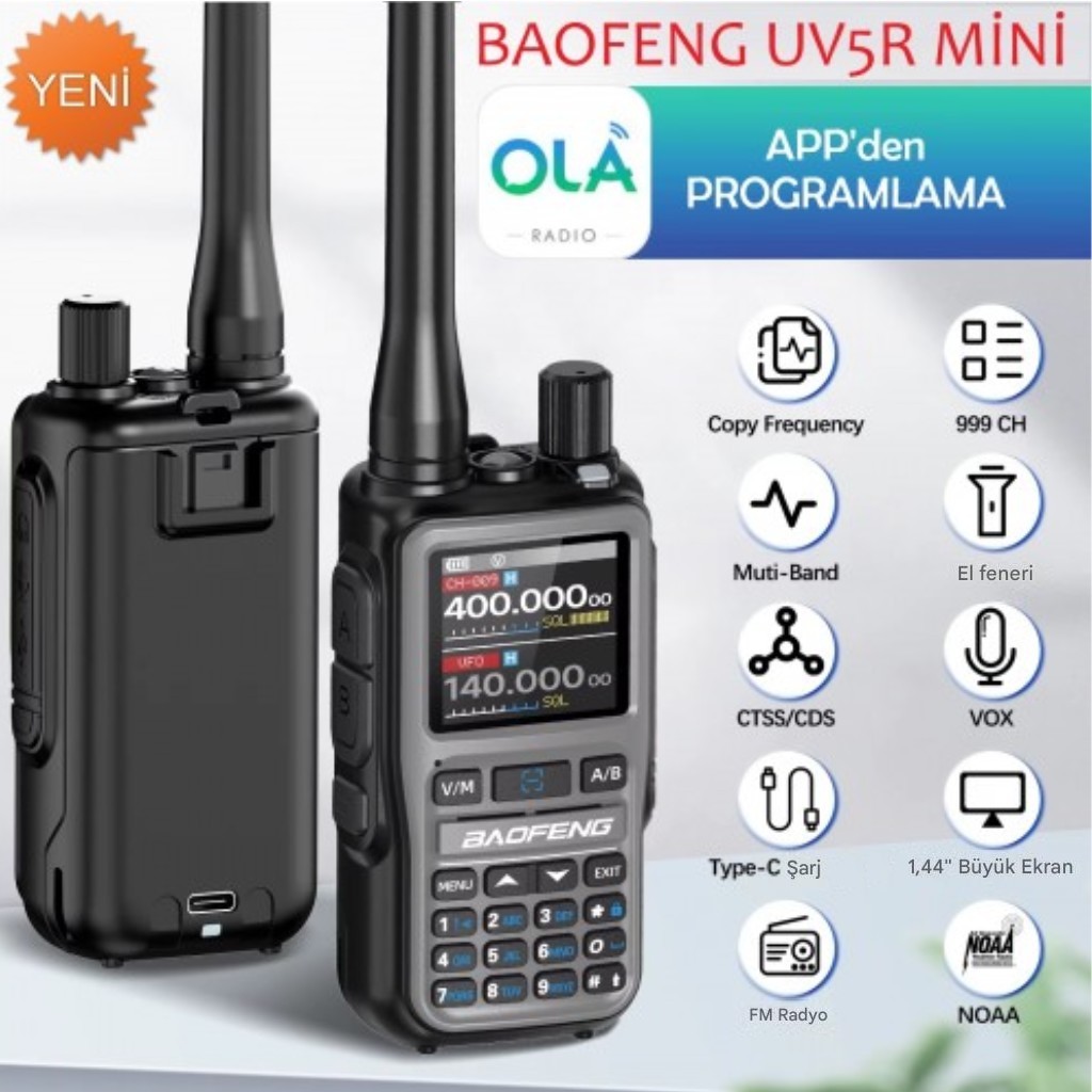 BAOFENG UV-5R Mini Dual Band Telsiz (VHF/UHF) – 5W Güç, Bluetooth, Type-C Şarj