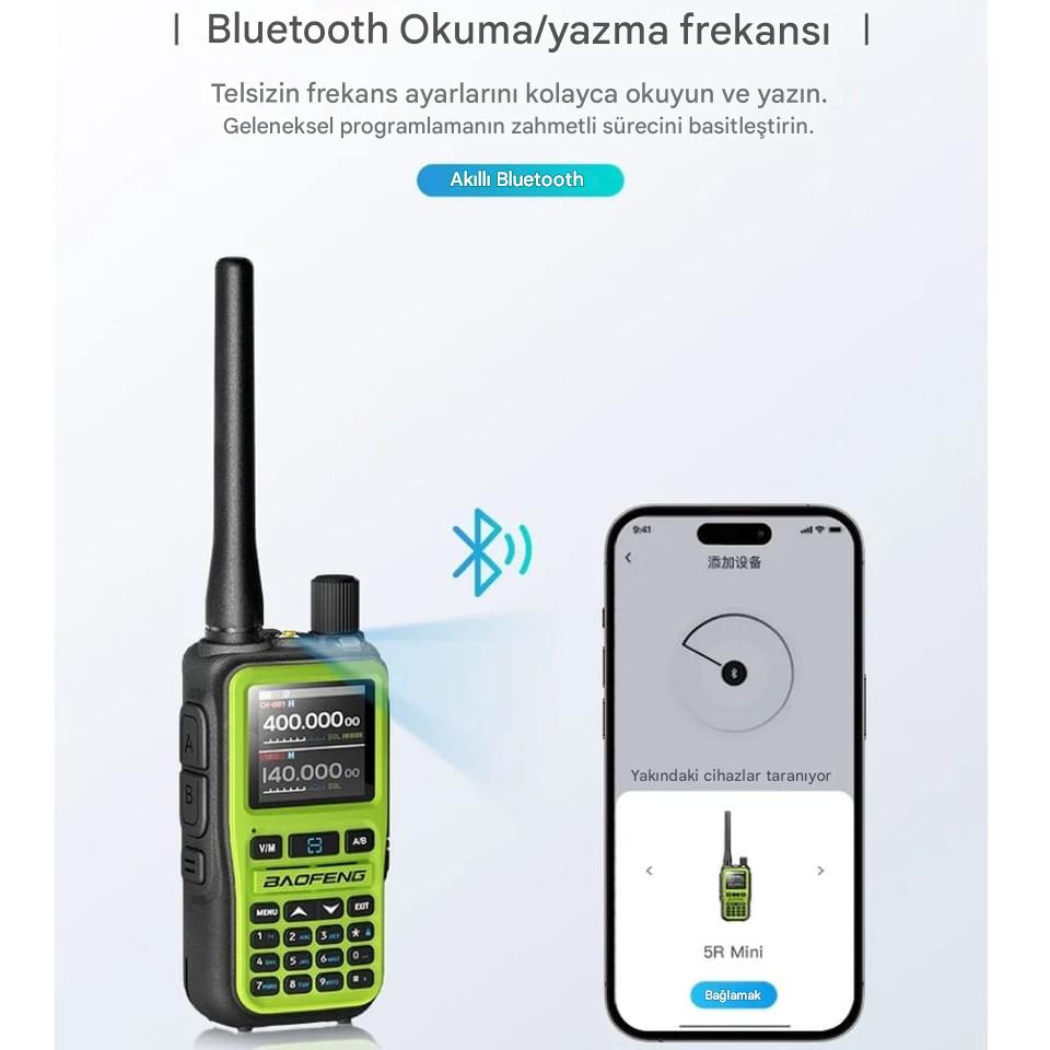 BAOFENG UV-5R Mini Dual Band Telsiz (VHF/UHF) – 5W Güç, Bluetooth, Type-C Şarj SARI