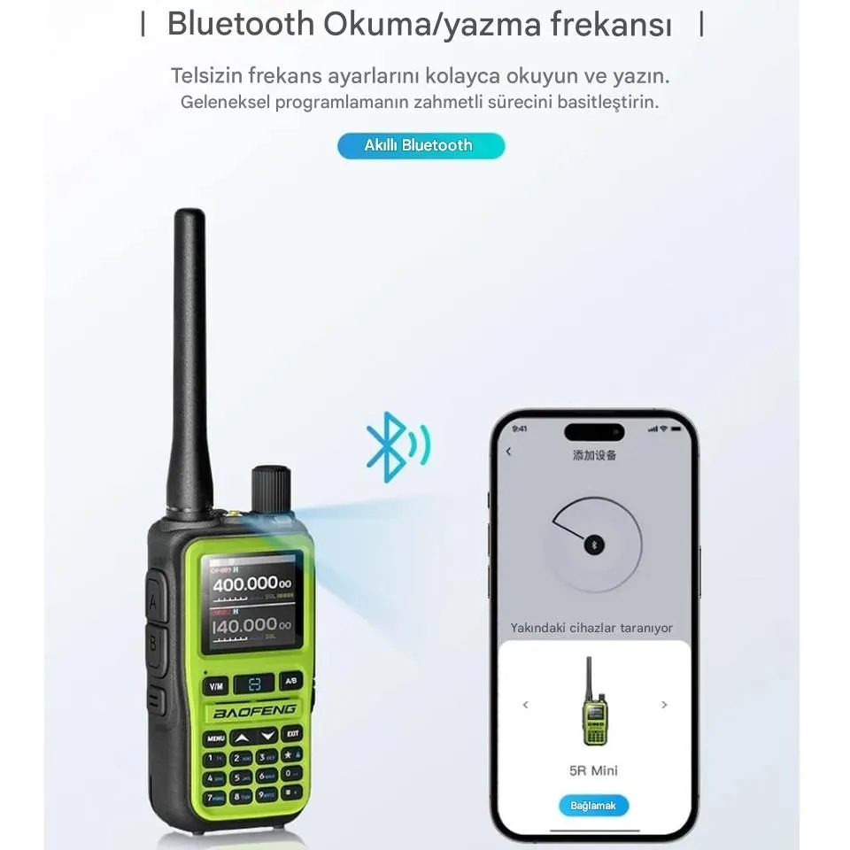BAOFENG UV-5R Mini Dual Band Telsiz (VHF/UHF) – 5W Güç, Bluetooth, Type-C Şarj YEŞİL