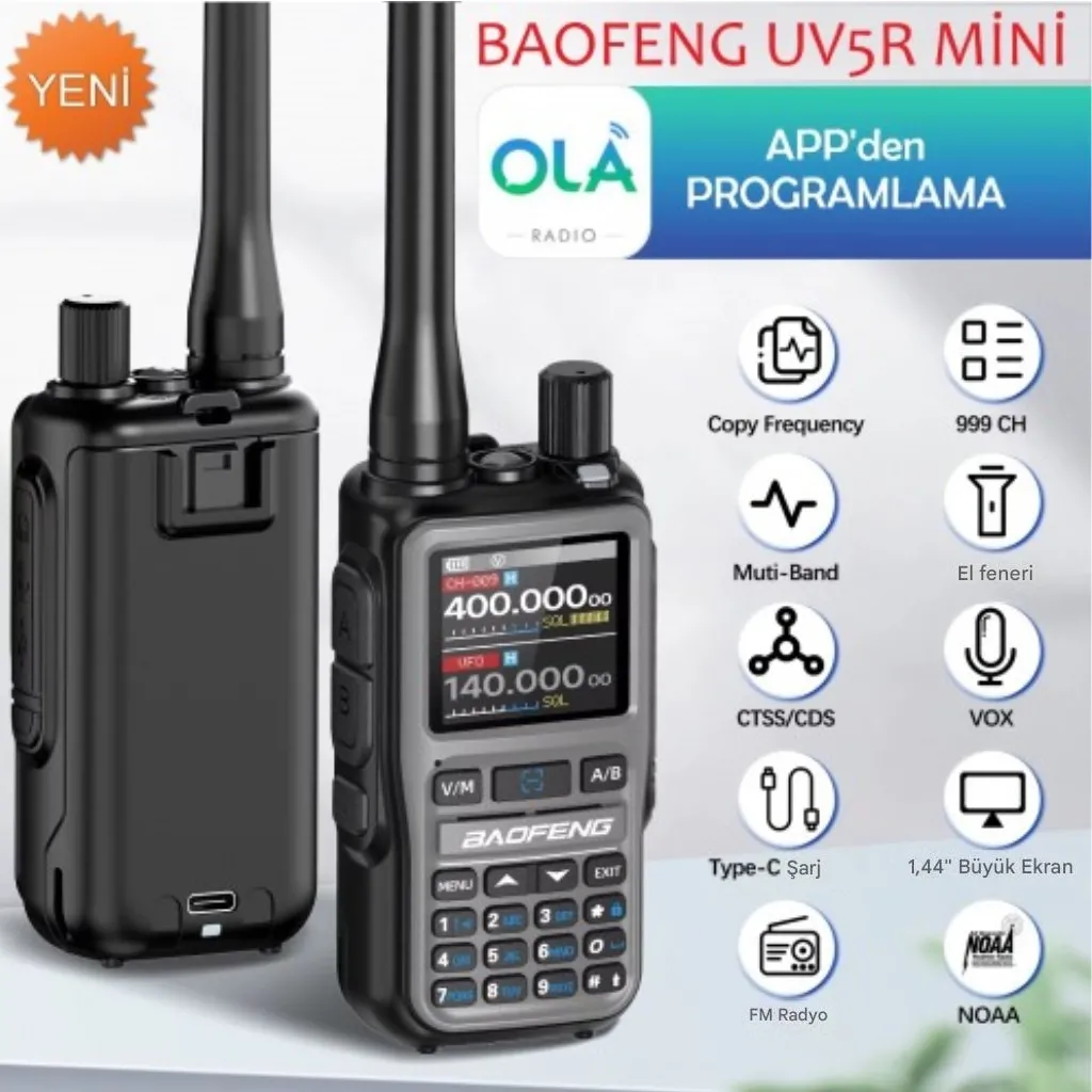 BAOFENG UV-5R Mini Dual Band Telsiz (VHF/UHF) – 5W Güç, Bluetooth, Type-C Şarj YEŞİL