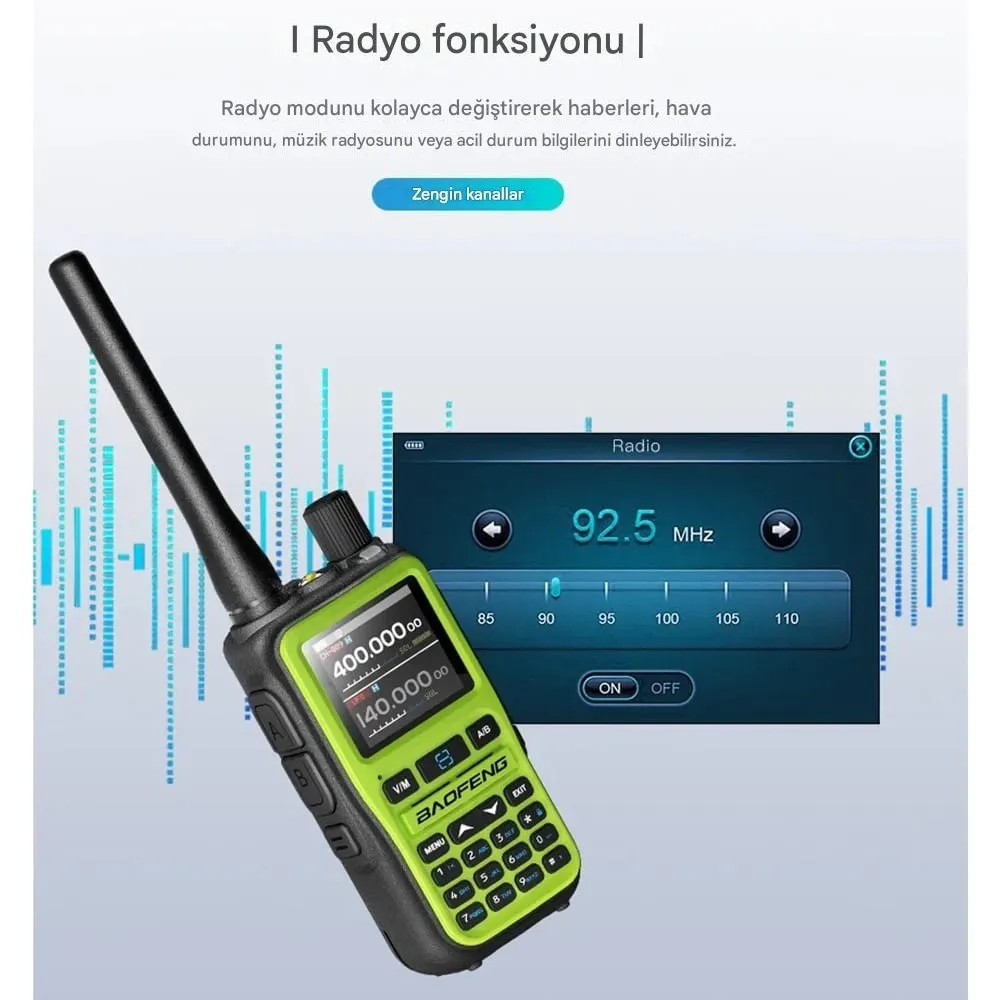 BAOFENG UV-5R Mini Dual Band Telsiz (VHF/UHF) – 5W Güç, Bluetooth, Type-C Şarj YEŞİL