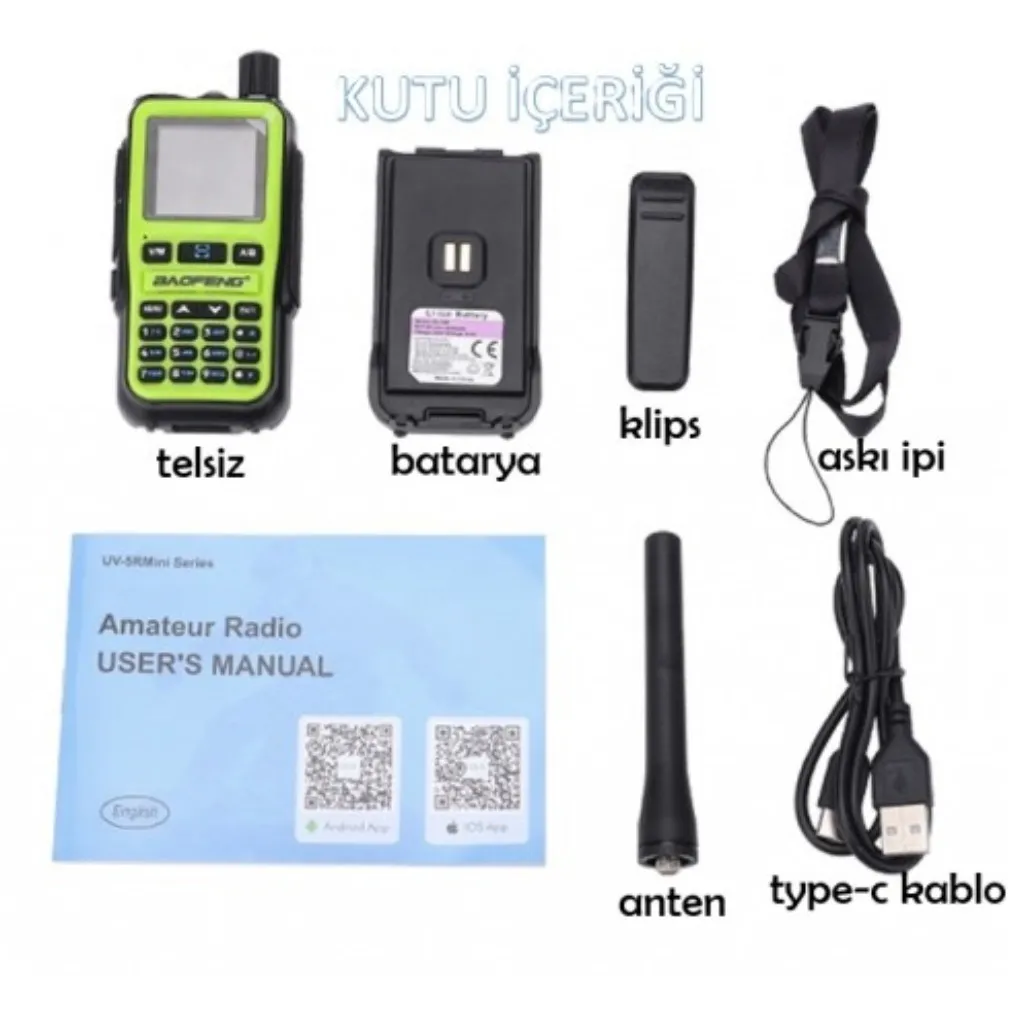 BAOFENG UV-5R Mini Dual Band Telsiz (VHF/UHF) – 5W Güç, Bluetooth, Type-C Şarj YEŞİL