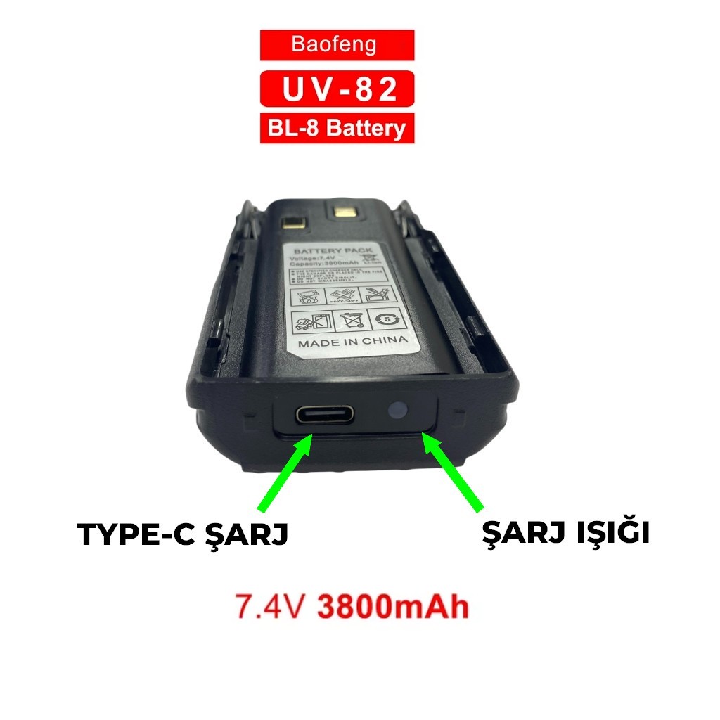 BL-8 Type-c Batarya 7.4V 3800mAh Li-ion Pil, Uv-82 Telsiz Bataryası.