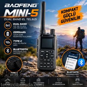 Baofeng MINI-5 Çift Bant VHF UHF El Telsizi 2200mAh Bluetooth Programlama Type-C Siyah